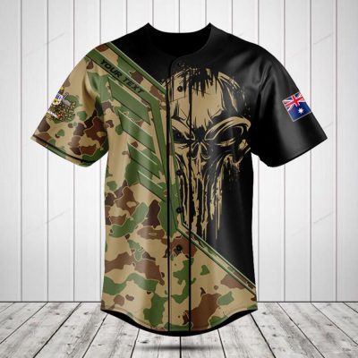 Customizable Camo Skull Baseball Jersey – Military Style With Flag Patch