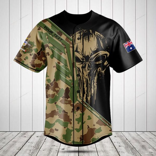Customizable Camo Skull Baseball Jersey – Military Style With Flag Patch