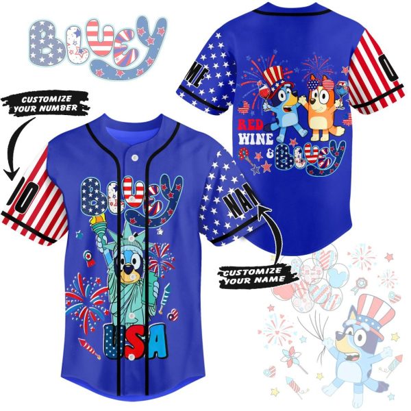 Custom Bluey Usa Patriotic Jersey - Personalize Name & Number, Fun & Festive Design