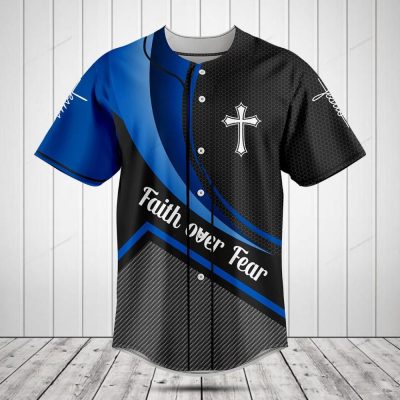 Faith Over Fear Baseball Jersey – Blue & Black Cross Design Shirt For Men