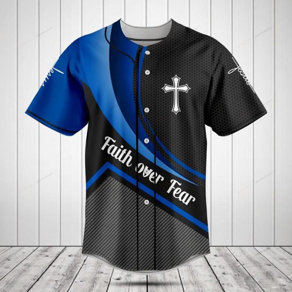 Faith Over Fear Baseball Jersey – Blue & Black Cross Design Shirt For Men