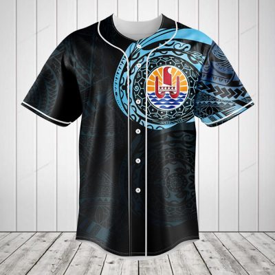 Tribal Pattern Baseball Jersey – Unique Polynesian Design, Black & Blue, Unisex Casual Wear