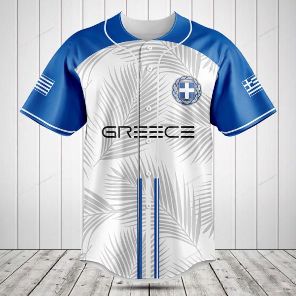 Greece Baseball Jersey - Blue & White Palm Design - Stylish & Comfortable Sportswear