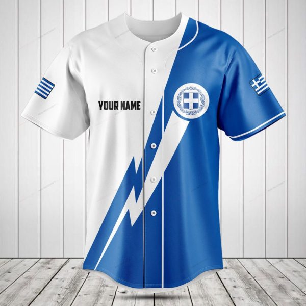 Custom Greek Flag Baseball Jersey – Personalized Name & Number, Blue And White Design