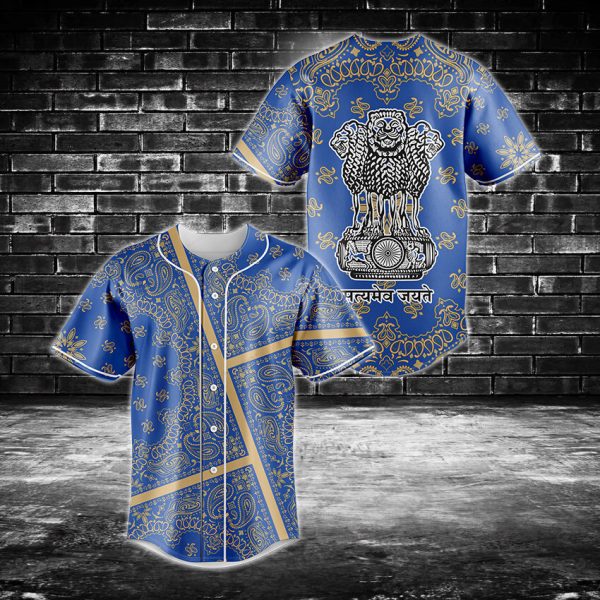 Exclusive Blue Paisley Baseball Jersey With Ashoka Emblem - Stylish Men'S Shirt