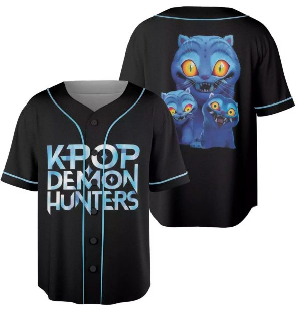 K-Pop Demon Hunters Baseball Jersey - Unique Graphic Tee With Blue Cats Design