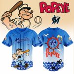 Limited Edition Popeye X Marlins Baseball Jersey – Vibrant Blue, Perfect For Fans & Collectors!