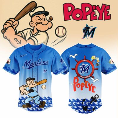 Limited Edition Popeye X Marlins Baseball Jersey – Vibrant Blue, Perfect For Fans & Collectors!