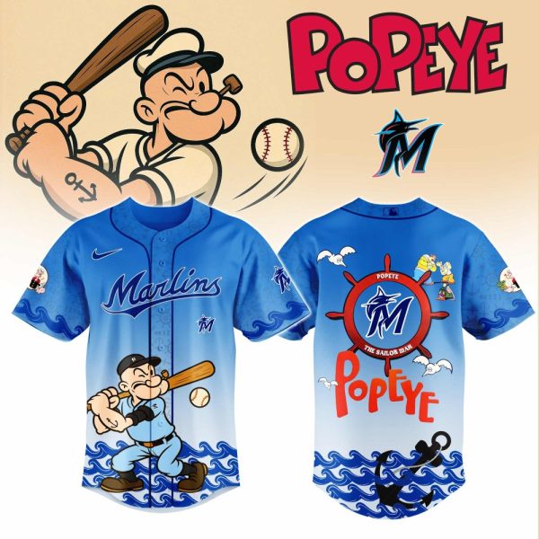 Limited Edition Popeye X Marlins Baseball Jersey – Vibrant Blue, Perfect For Fans & Collectors!