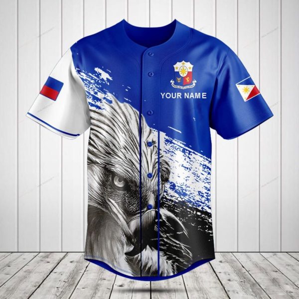 Customizable Eagle Design Baseball Jersey - Blue & White With Flag Accents - Perfect For Sports Fans
