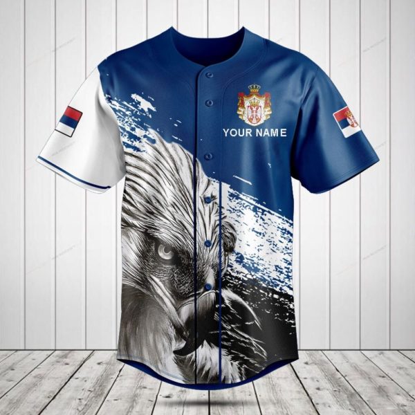 Customizable Eagle Design Baseball Jersey - Unique Blue & White Sportswear With Flag Accents
