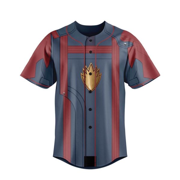 Stylish Blue & Red Baseball Jersey With Gold Emblem – Perfect For Fans & Casual Wear