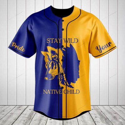 Stay Wild Native Child Baseball Jersey - Bold Blue & Yellow Wolf Design Shirt
