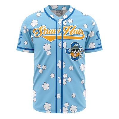 Anime Straw Hat Baseball Jersey – Stylish Blue Floral Design, Unisex Casual Wear