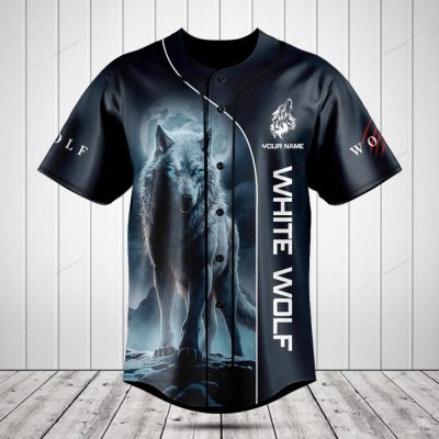 Custom White Wolf Baseball Jersey - Personalized Cool Blue Design For Men/Women