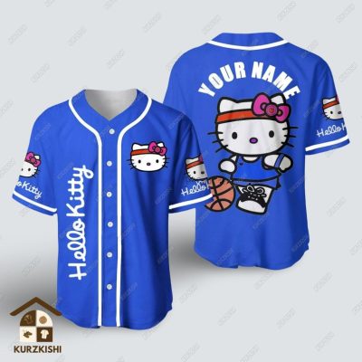Customizable Hello Kitty Blue Baseball Jersey - Personalized Name & Sporty Design