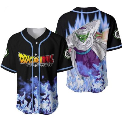 Dragon Ball Anime Baseball Jersey - Piccolo Design, Black & Blue Flame, Unisex