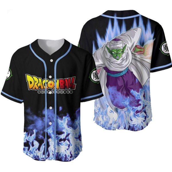 Dragon Ball Anime Baseball Jersey - Piccolo Design, Black & Blue Flame, Unisex